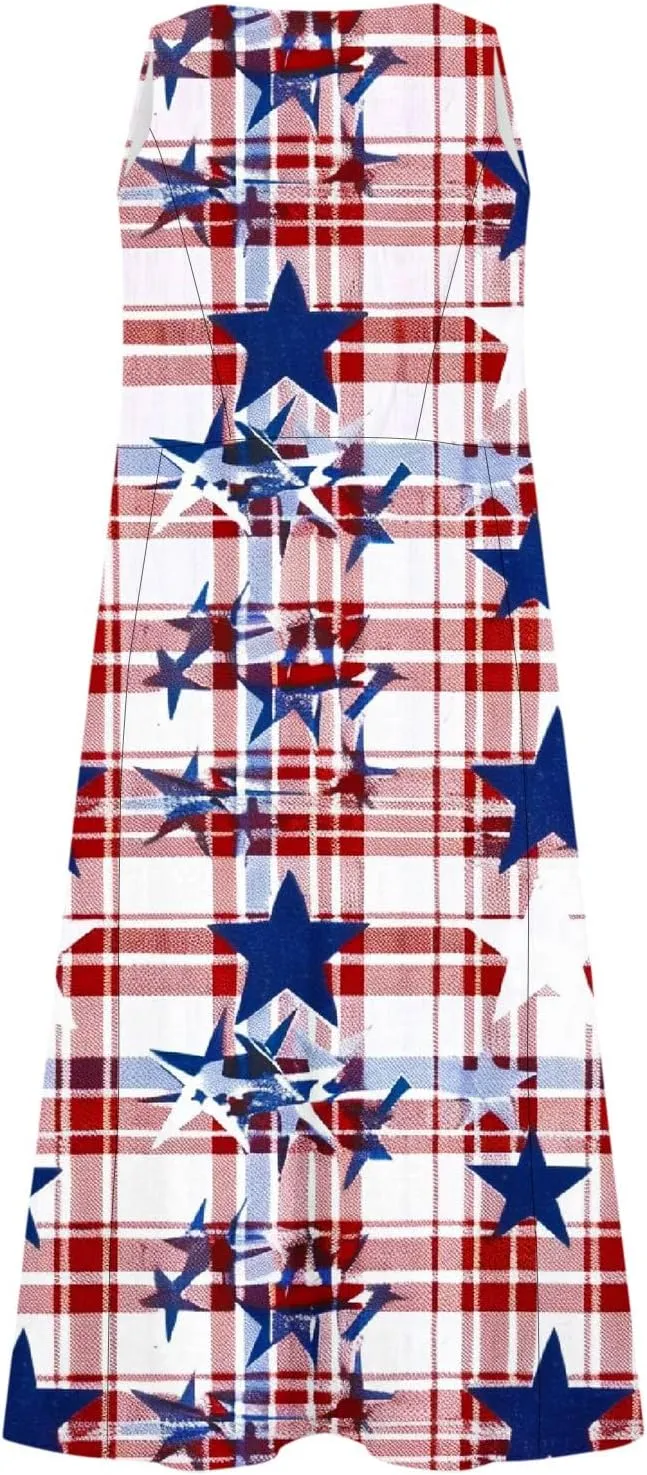 Womens Summer Dress Sleeveless Crewneck Printed Pocket Dress Loose Flowy Long Dress