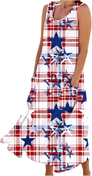 Womens Summer Dress Sleeveless Crewneck Printed Pocket Dress Loose Flowy Long Dress