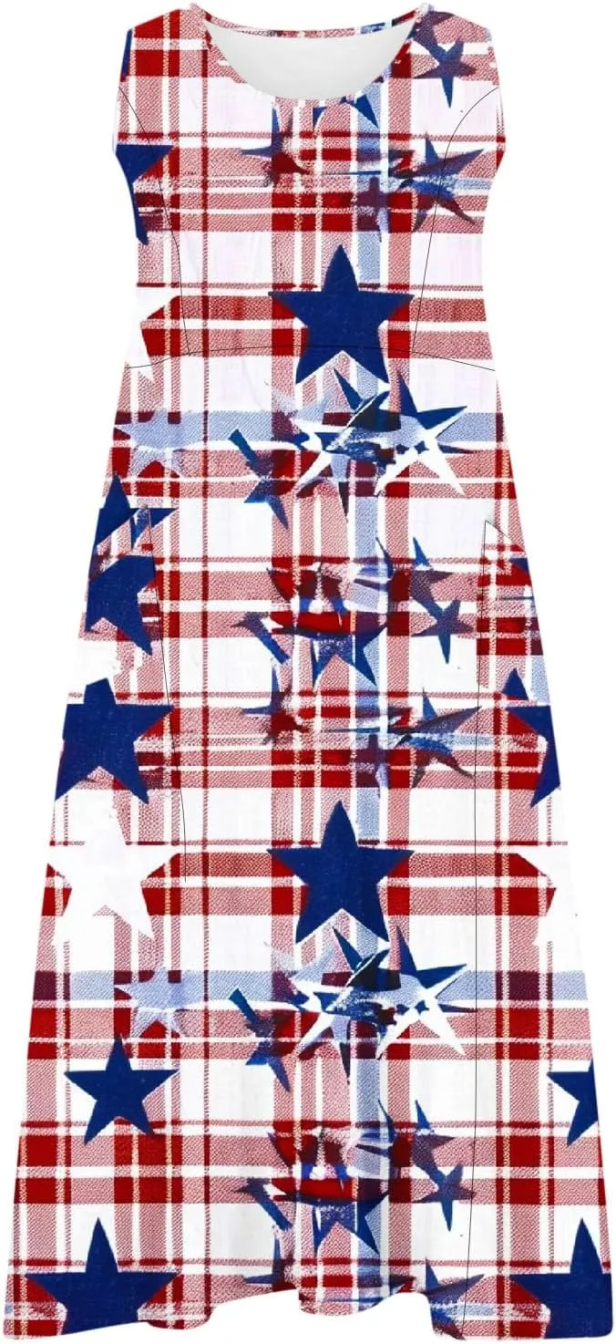Womens Summer Dress Sleeveless Crewneck Printed Pocket Dress Loose Flowy Long Dress