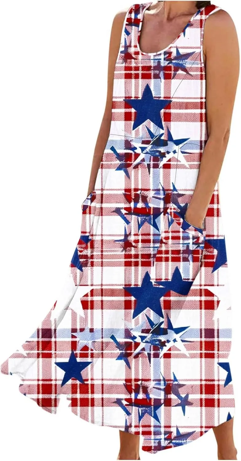 Womens Summer Dress Sleeveless Crewneck Printed Pocket Dress Loose Flowy Long Dress