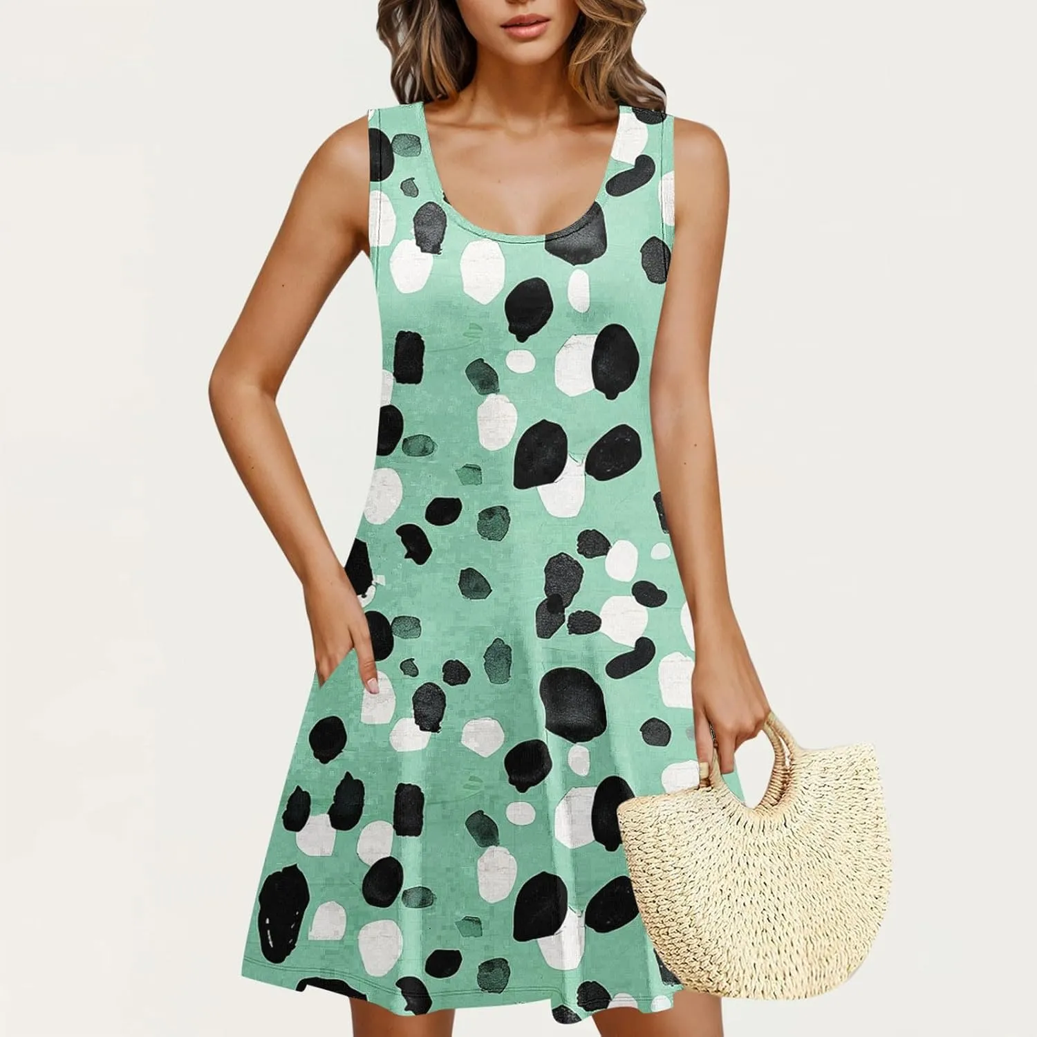 Womens Summer Dresses 2025 Trendy Crewneck Sleeveless Midi Dresses Casual Printed Vacation Boho Floral Dresses