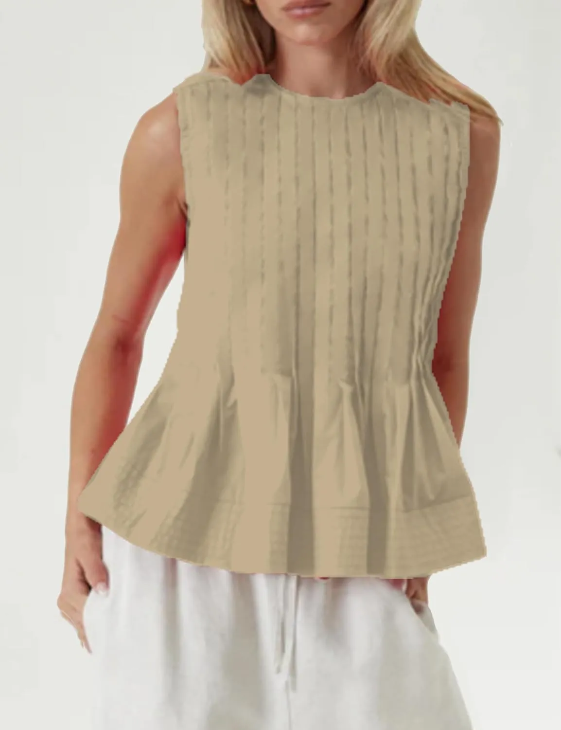 Womens Summer Pleated Peplum Sleeveless Blouse Tank Tops Round Neck Y2K Babydoll Blouse Shirt