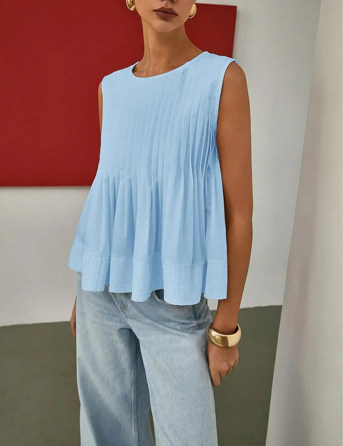 Womens Summer Pleated Peplum Sleeveless Blouse Tank Tops Round Neck Y2K Babydoll Blouse Shirt