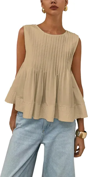Womens Summer Pleated Peplum Sleeveless Blouse Tank Tops Round Neck Y2K Babydoll Blouse Shirt