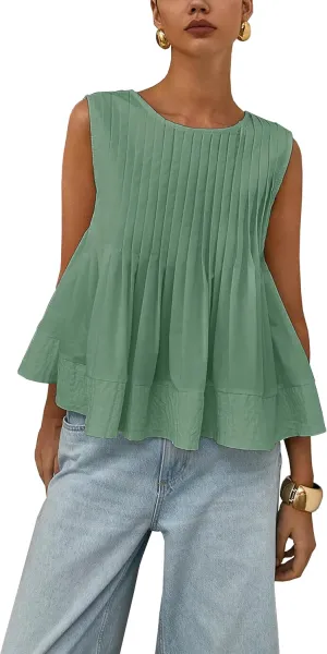 Womens Summer Pleated Peplum Sleeveless Blouse Tank Tops Round Neck Y2K Babydoll Blouse Shirt