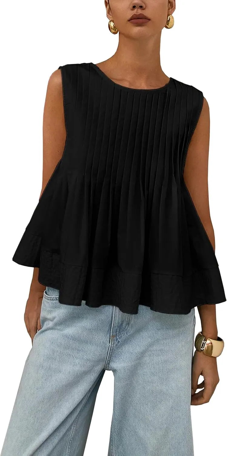 Womens Summer Pleated Peplum Sleeveless Blouse Tank Tops Round Neck Y2K Babydoll Blouse Shirt