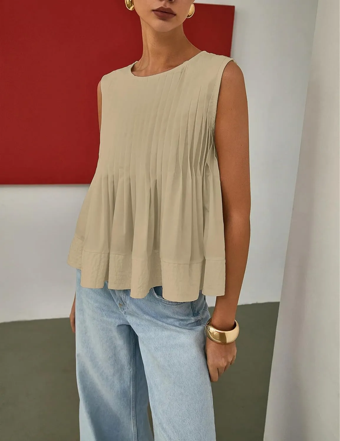 Womens Summer Pleated Peplum Sleeveless Blouse Tank Tops Round Neck Y2K Babydoll Blouse Shirt
