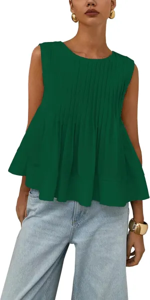 Womens Summer Pleated Peplum Sleeveless Blouse Tank Tops Round Neck Y2K Babydoll Blouse Shirt