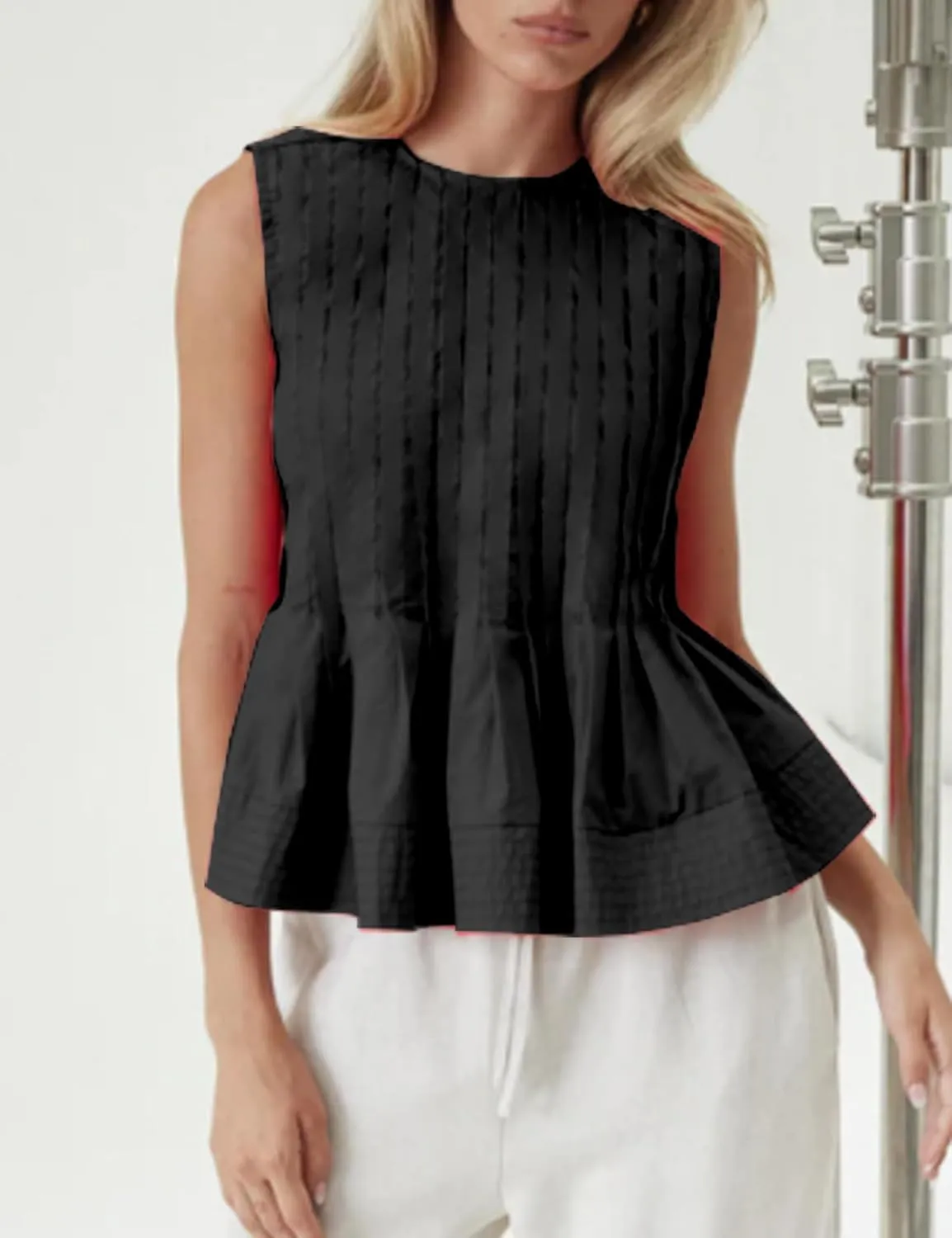 Womens Summer Pleated Peplum Sleeveless Blouse Tank Tops Round Neck Y2K Babydoll Blouse Shirt