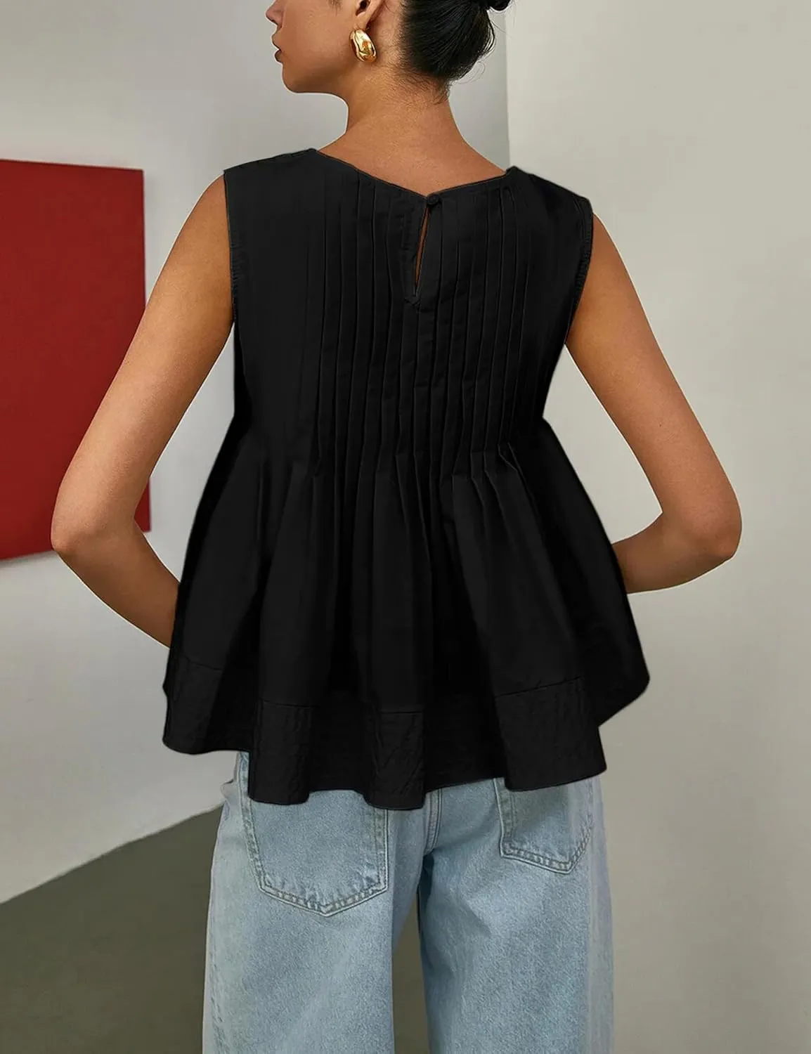 Womens Summer Pleated Peplum Sleeveless Blouse Tank Tops Round Neck Y2K Babydoll Blouse Shirt