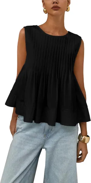 Womens Summer Pleated Peplum Sleeveless Blouse Tank Tops Round Neck Y2K Babydoll Blouse Shirt