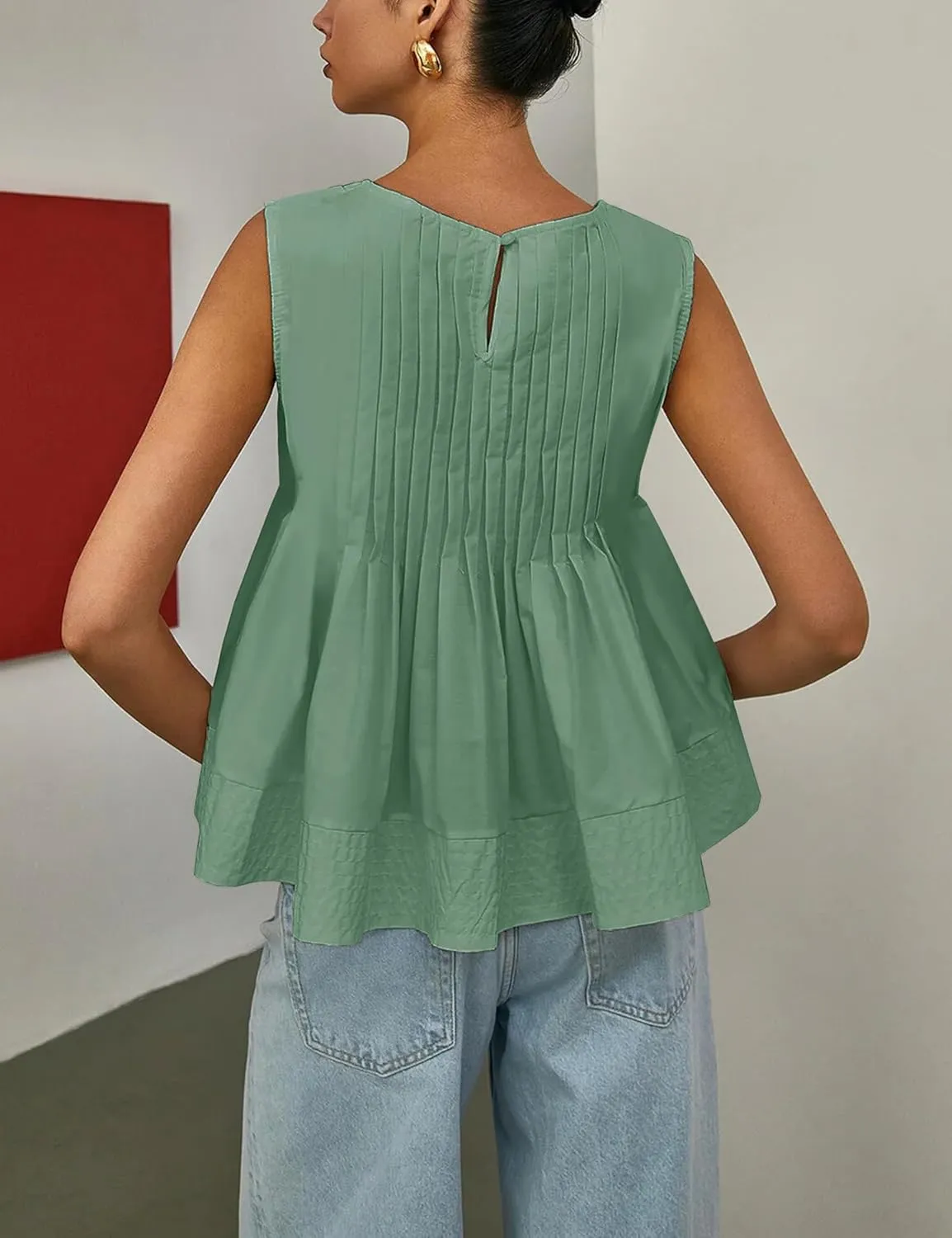 Womens Summer Pleated Peplum Sleeveless Blouse Tank Tops Round Neck Y2K Babydoll Blouse Shirt