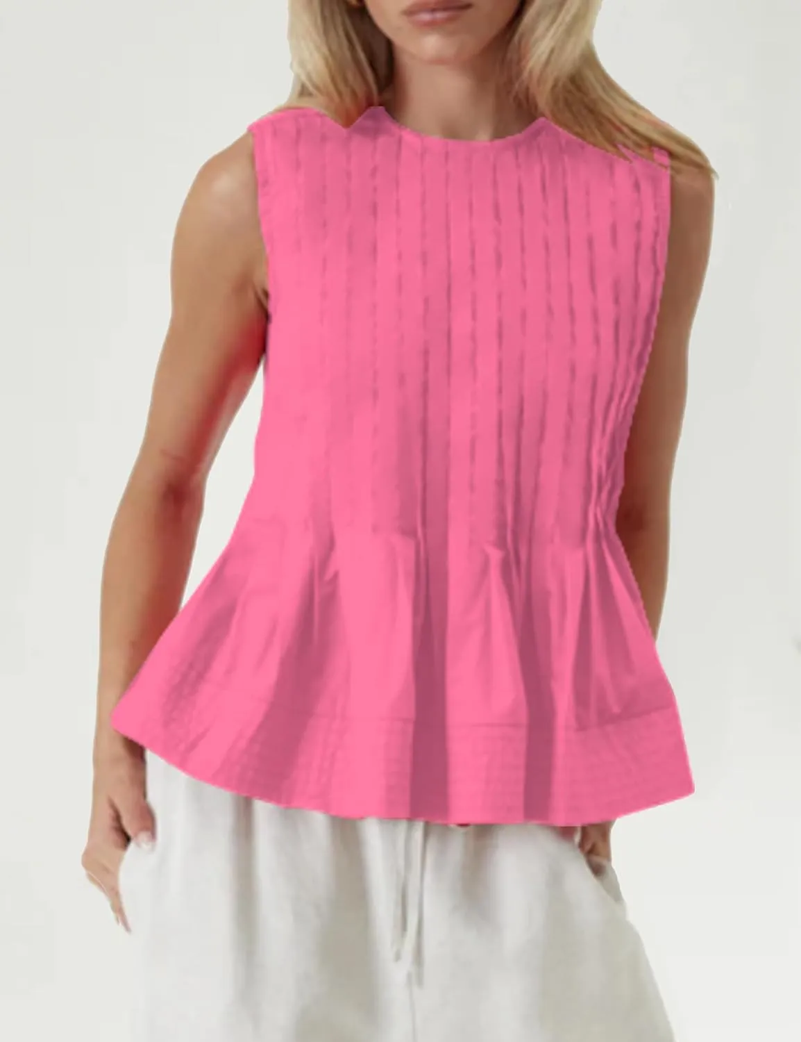 Womens Summer Pleated Peplum Sleeveless Blouse Tank Tops Round Neck Y2K Babydoll Blouse Shirt