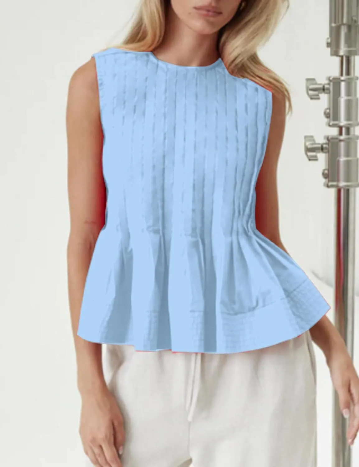 Womens Summer Pleated Peplum Sleeveless Blouse Tank Tops Round Neck Y2K Babydoll Blouse Shirt