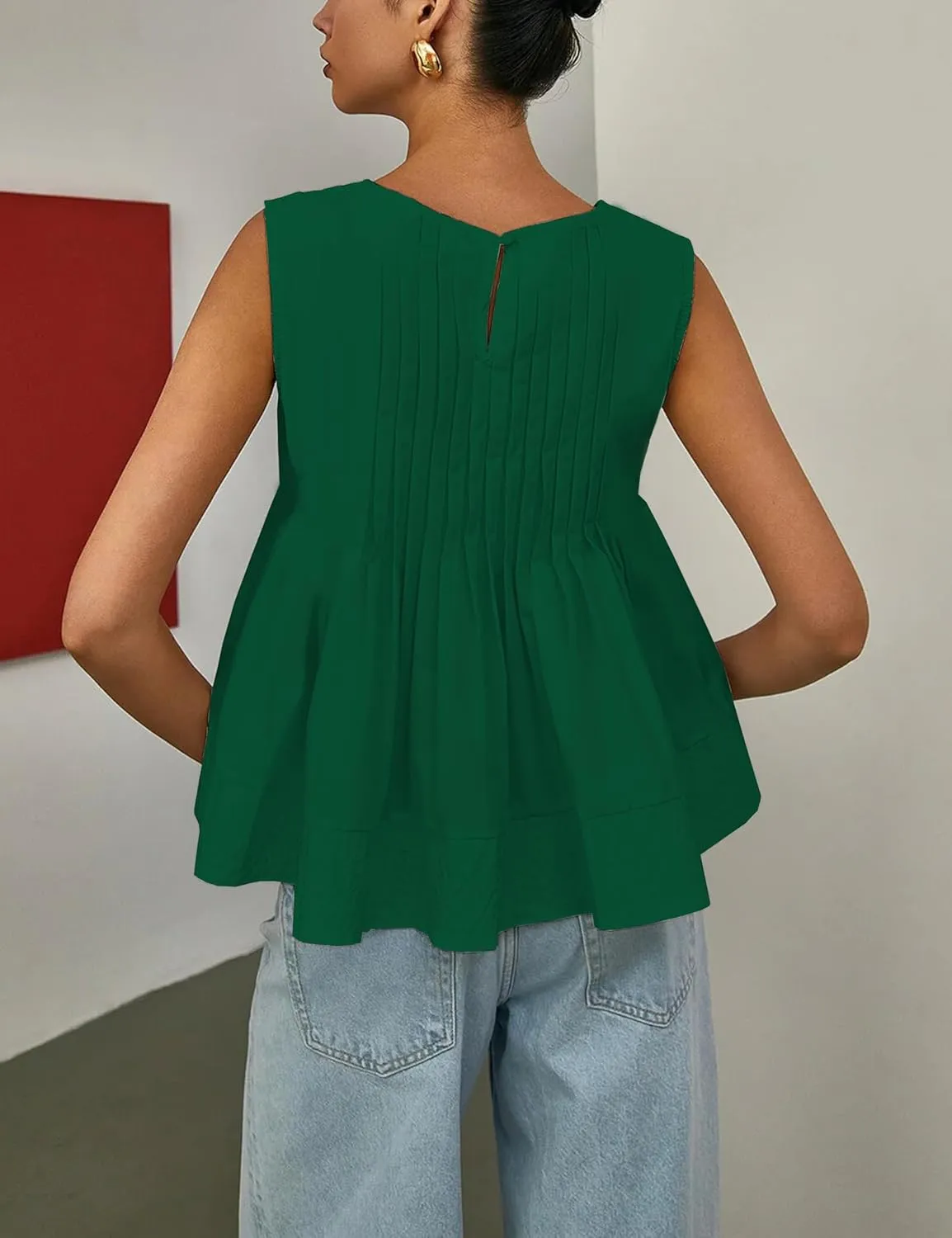 Womens Summer Pleated Peplum Sleeveless Blouse Tank Tops Round Neck Y2K Babydoll Blouse Shirt