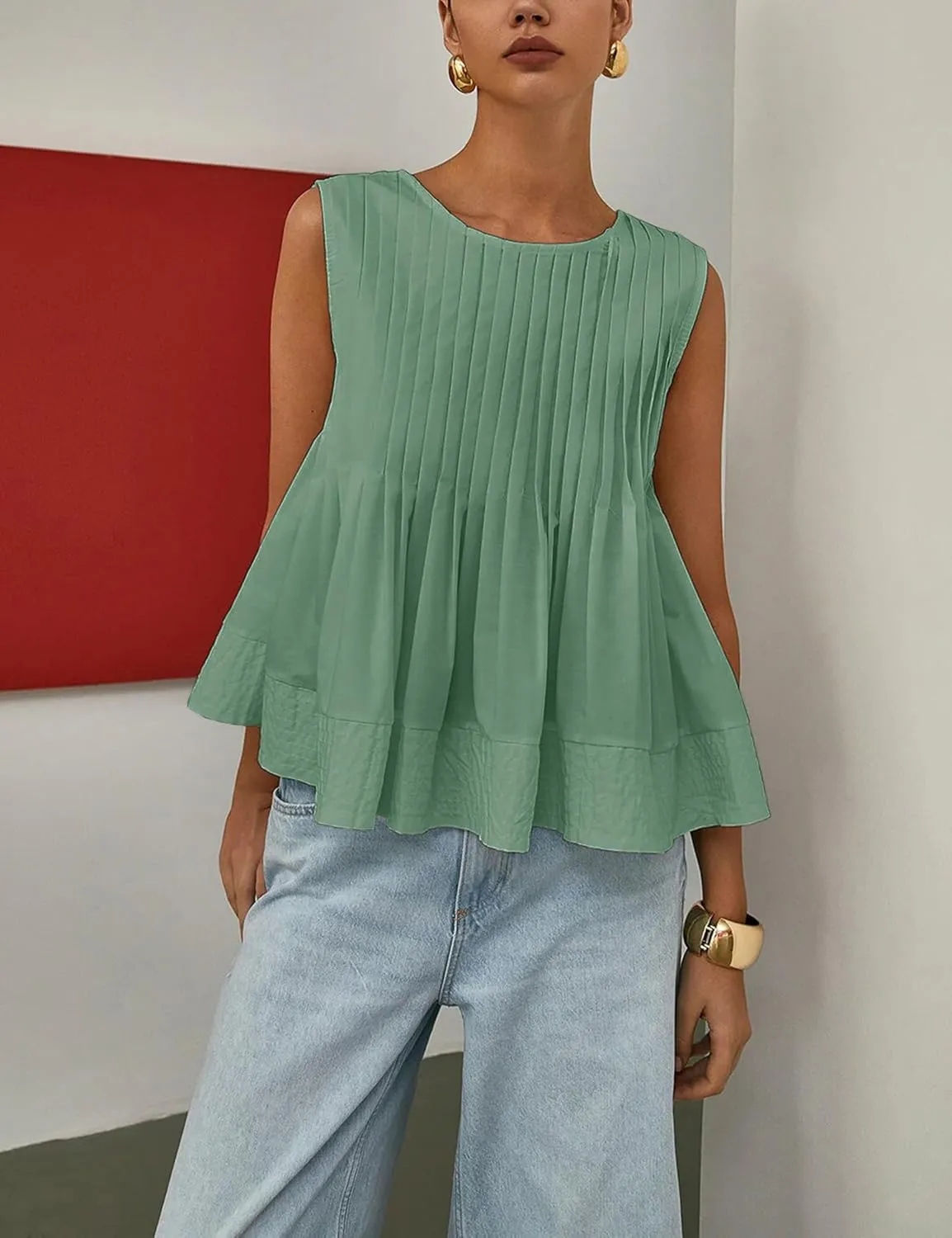 Womens Summer Pleated Peplum Sleeveless Blouse Tank Tops Round Neck Y2K Babydoll Blouse Shirt