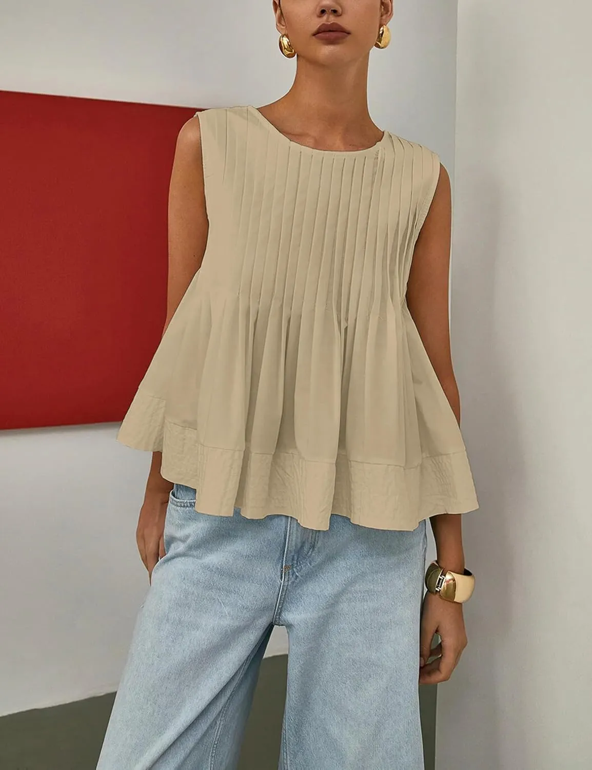 Womens Summer Pleated Peplum Sleeveless Blouse Tank Tops Round Neck Y2K Babydoll Blouse Shirt