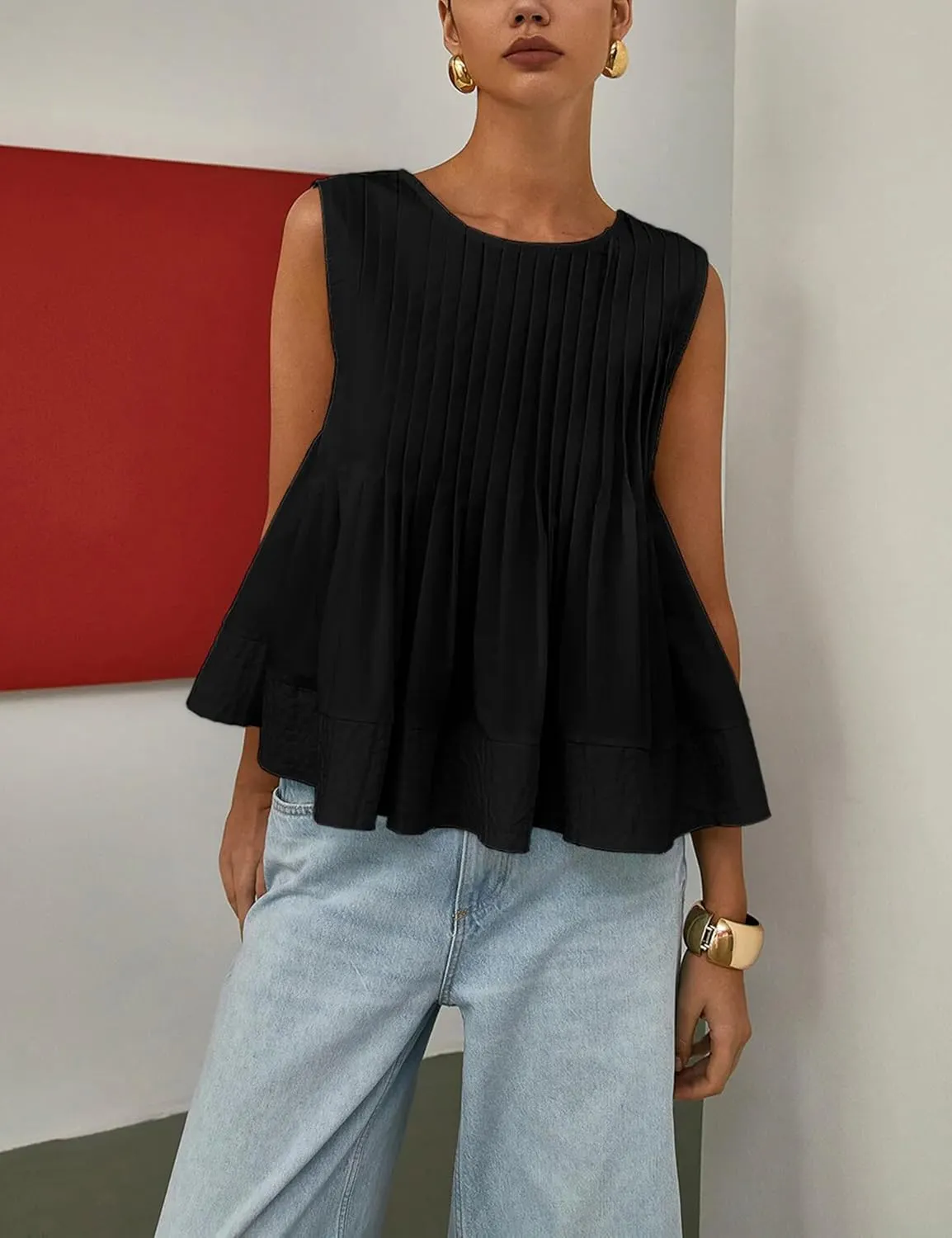 Womens Summer Pleated Peplum Sleeveless Blouse Tank Tops Round Neck Y2K Babydoll Blouse Shirt
