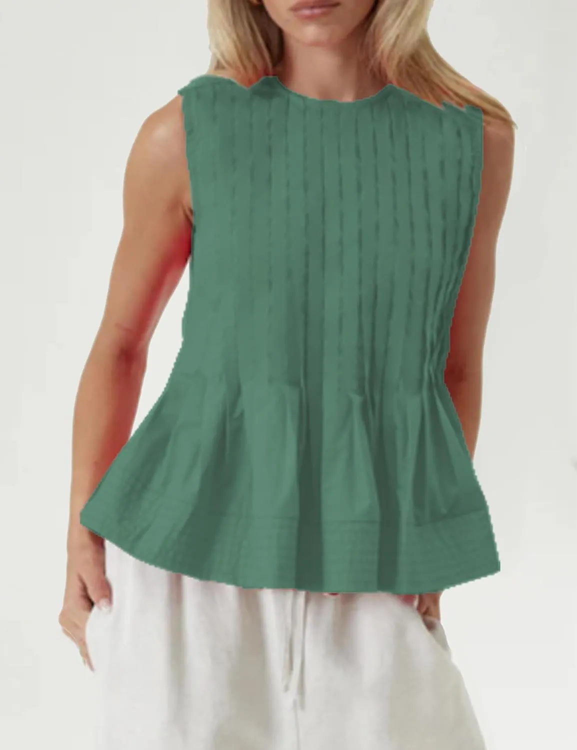 Womens Summer Pleated Peplum Sleeveless Blouse Tank Tops Round Neck Y2K Babydoll Blouse Shirt