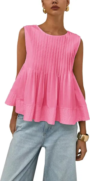 Womens Summer Pleated Peplum Sleeveless Blouse Tank Tops Round Neck Y2K Babydoll Blouse Shirt