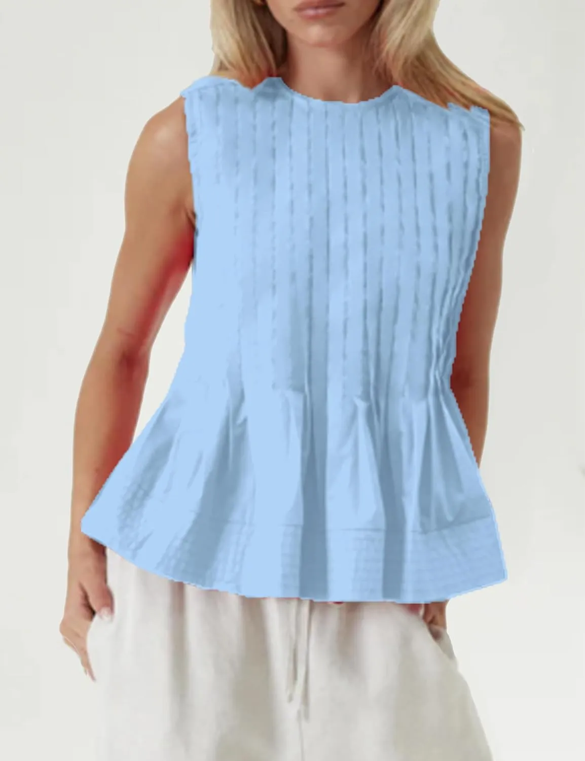 Womens Summer Pleated Peplum Sleeveless Blouse Tank Tops Round Neck Y2K Babydoll Blouse Shirt