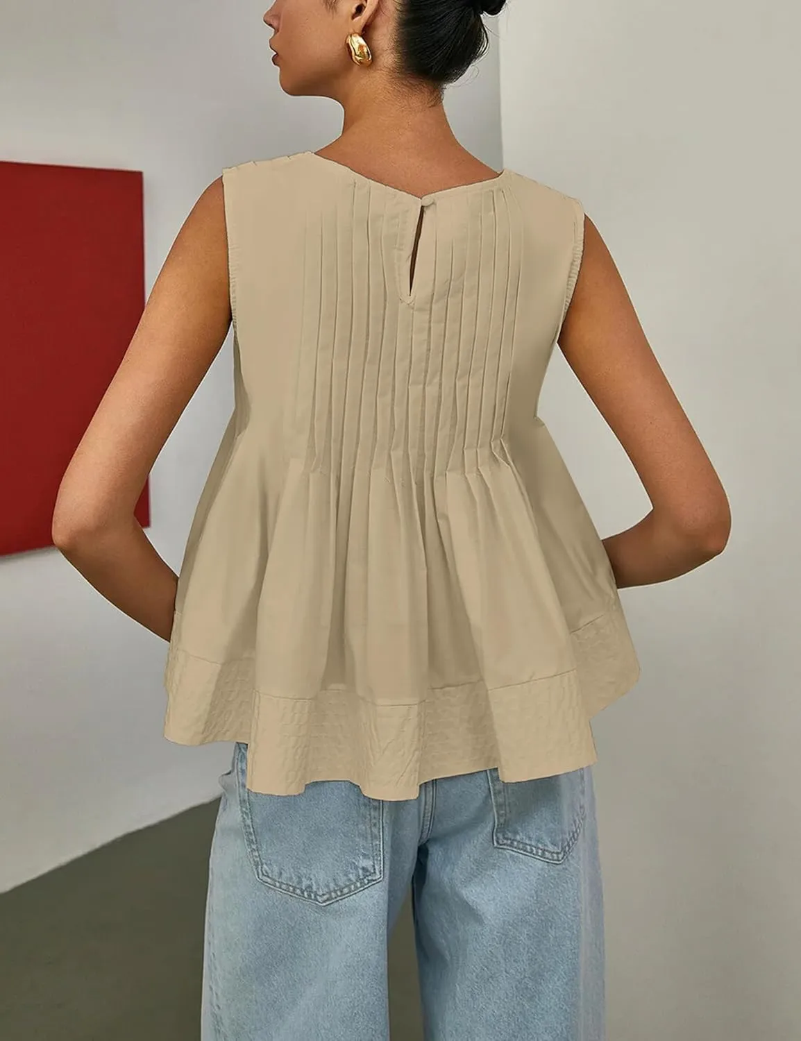 Womens Summer Pleated Peplum Sleeveless Blouse Tank Tops Round Neck Y2K Babydoll Blouse Shirt