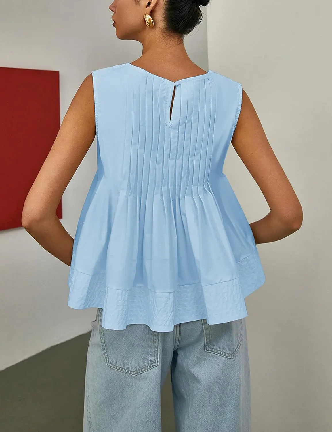 Womens Summer Pleated Peplum Sleeveless Blouse Tank Tops Round Neck Y2K Babydoll Blouse Shirt