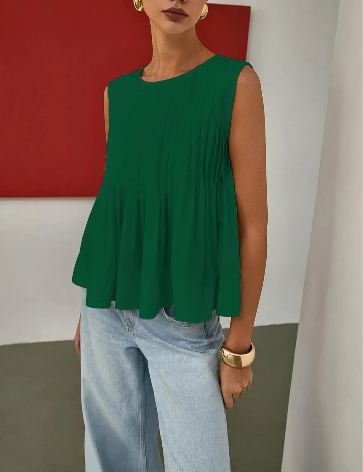 Womens Summer Pleated Peplum Sleeveless Blouse Tank Tops Round Neck Y2K Babydoll Blouse Shirt