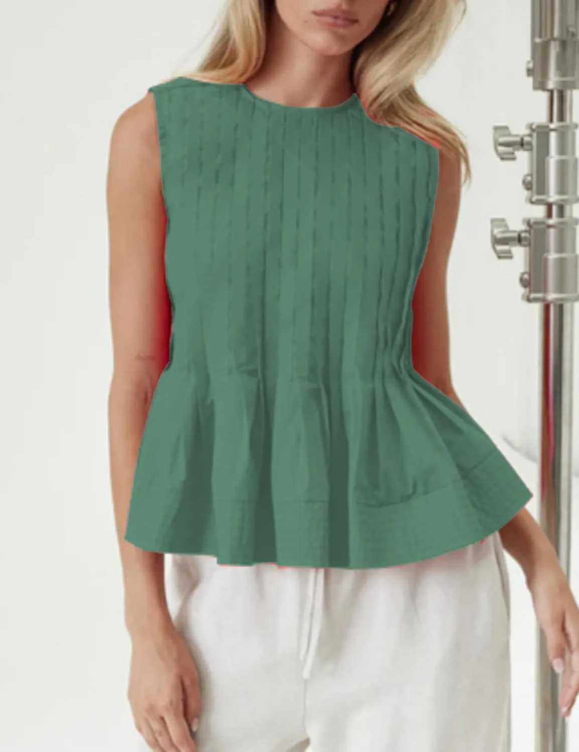 Womens Summer Pleated Peplum Sleeveless Blouse Tank Tops Round Neck Y2K Babydoll Blouse Shirt