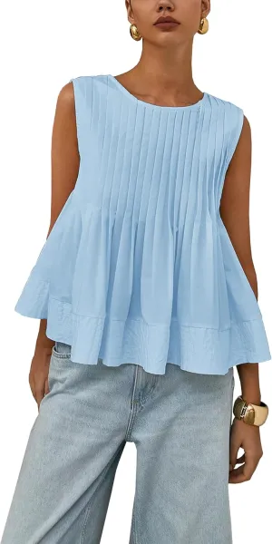 Womens Summer Pleated Peplum Sleeveless Blouse Tank Tops Round Neck Y2K Babydoll Blouse Shirt