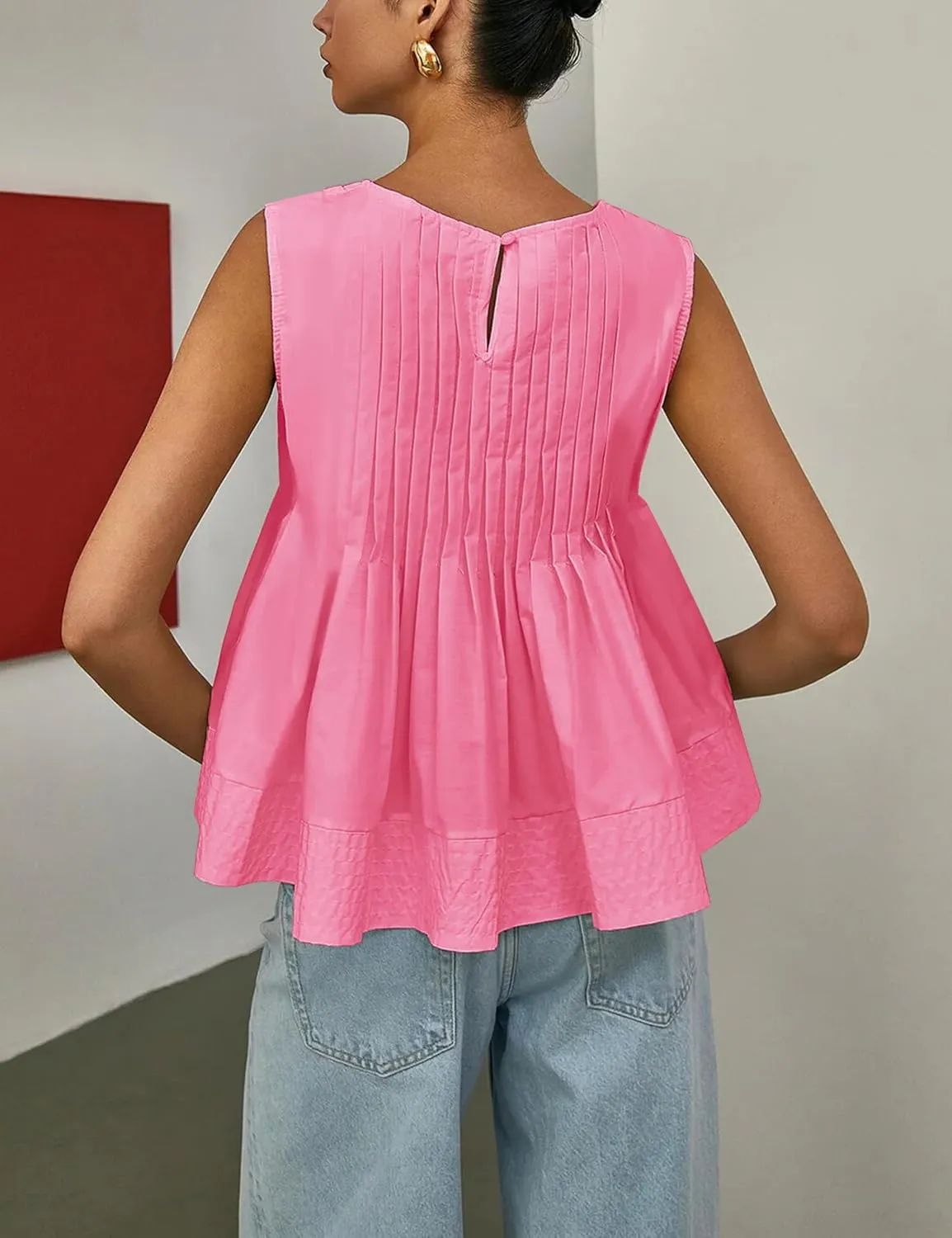 Womens Summer Pleated Peplum Sleeveless Blouse Tank Tops Round Neck Y2K Babydoll Blouse Shirt