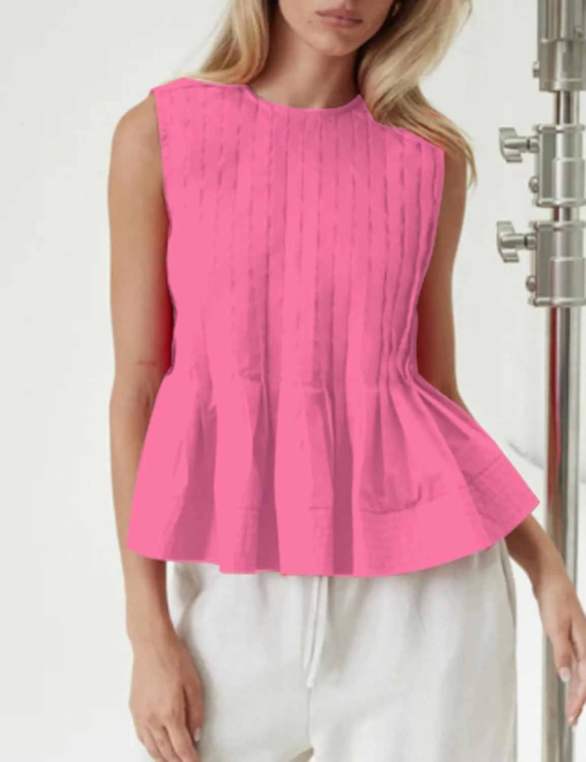 Womens Summer Pleated Peplum Sleeveless Blouse Tank Tops Round Neck Y2K Babydoll Blouse Shirt