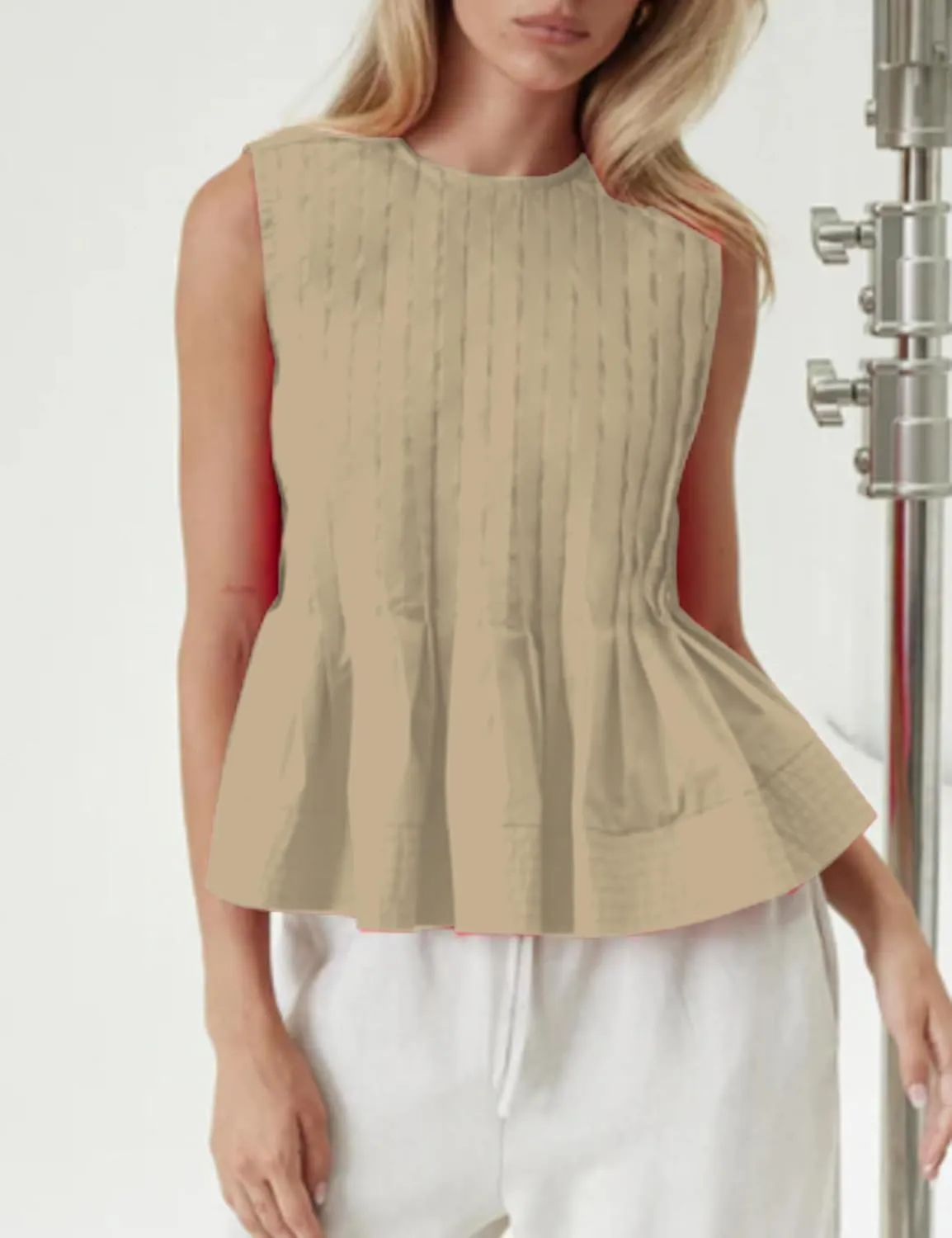 Womens Summer Pleated Peplum Sleeveless Blouse Tank Tops Round Neck Y2K Babydoll Blouse Shirt