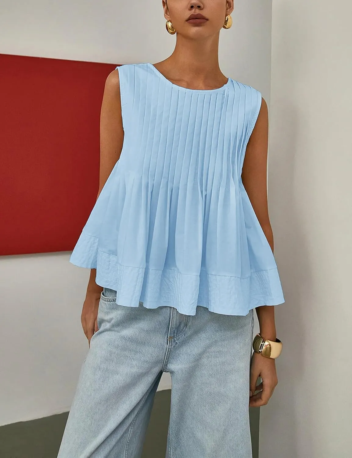 Womens Summer Pleated Peplum Sleeveless Blouse Tank Tops Round Neck Y2K Babydoll Blouse Shirt