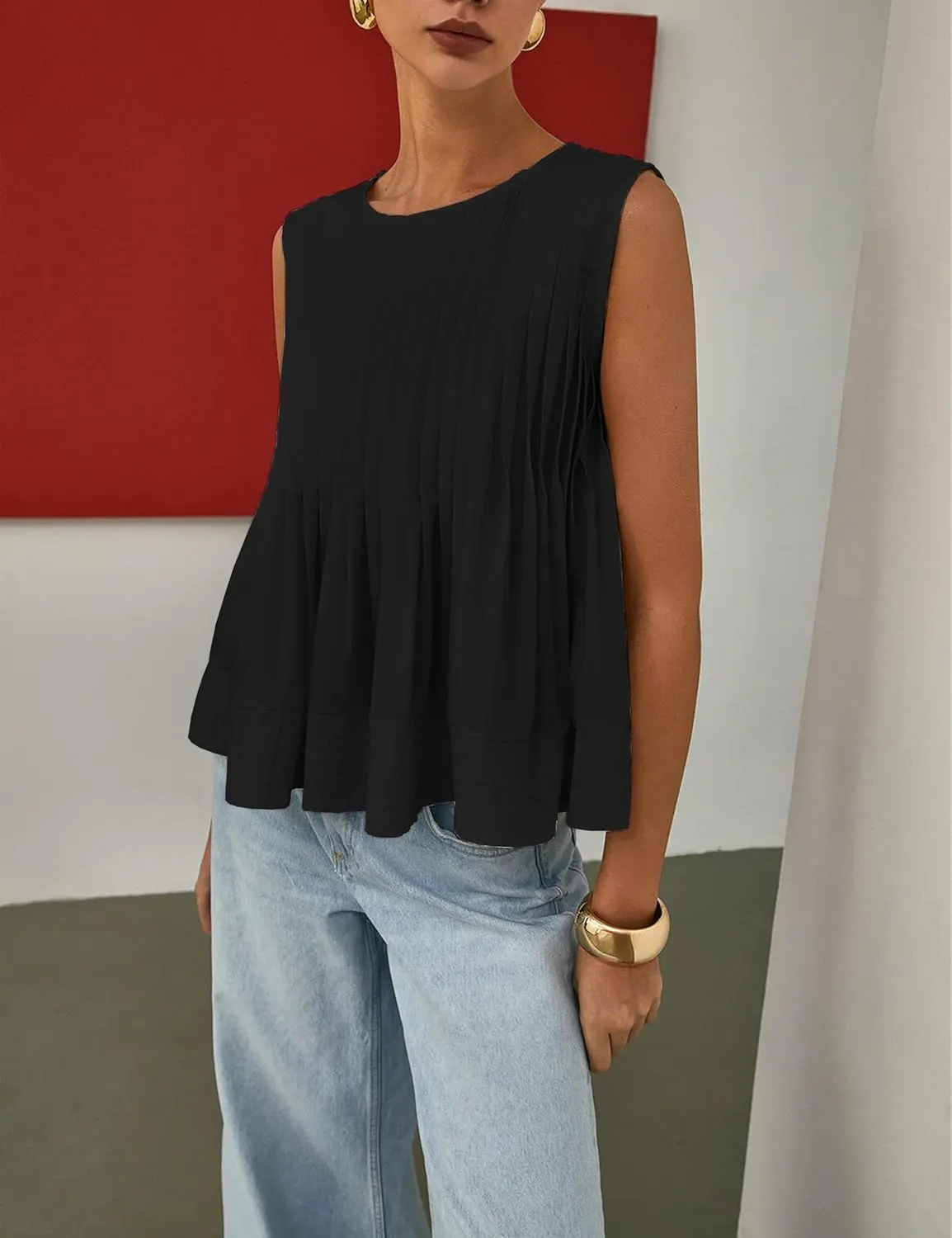 Womens Summer Pleated Peplum Sleeveless Blouse Tank Tops Round Neck Y2K Babydoll Blouse Shirt