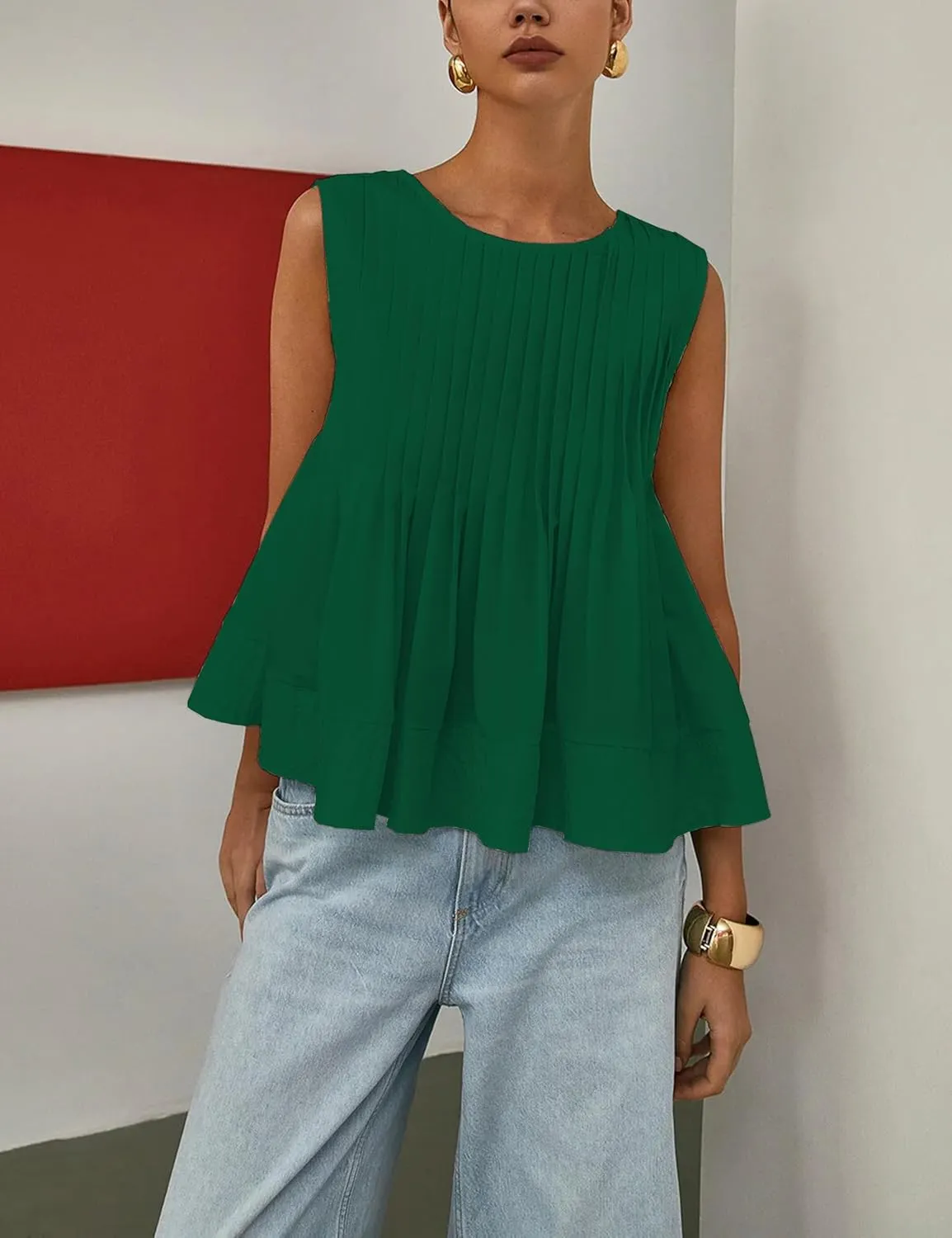 Womens Summer Pleated Peplum Sleeveless Blouse Tank Tops Round Neck Y2K Babydoll Blouse Shirt