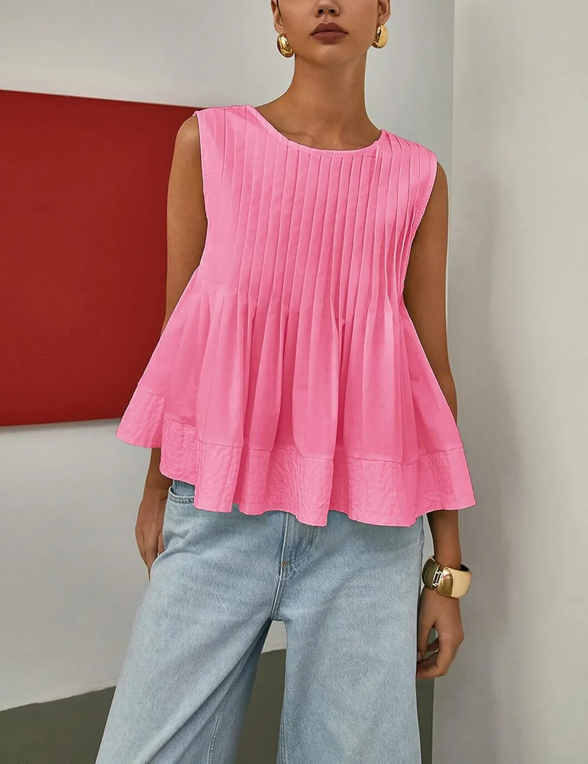 Womens Summer Pleated Peplum Sleeveless Blouse Tank Tops Round Neck Y2K Babydoll Blouse Shirt