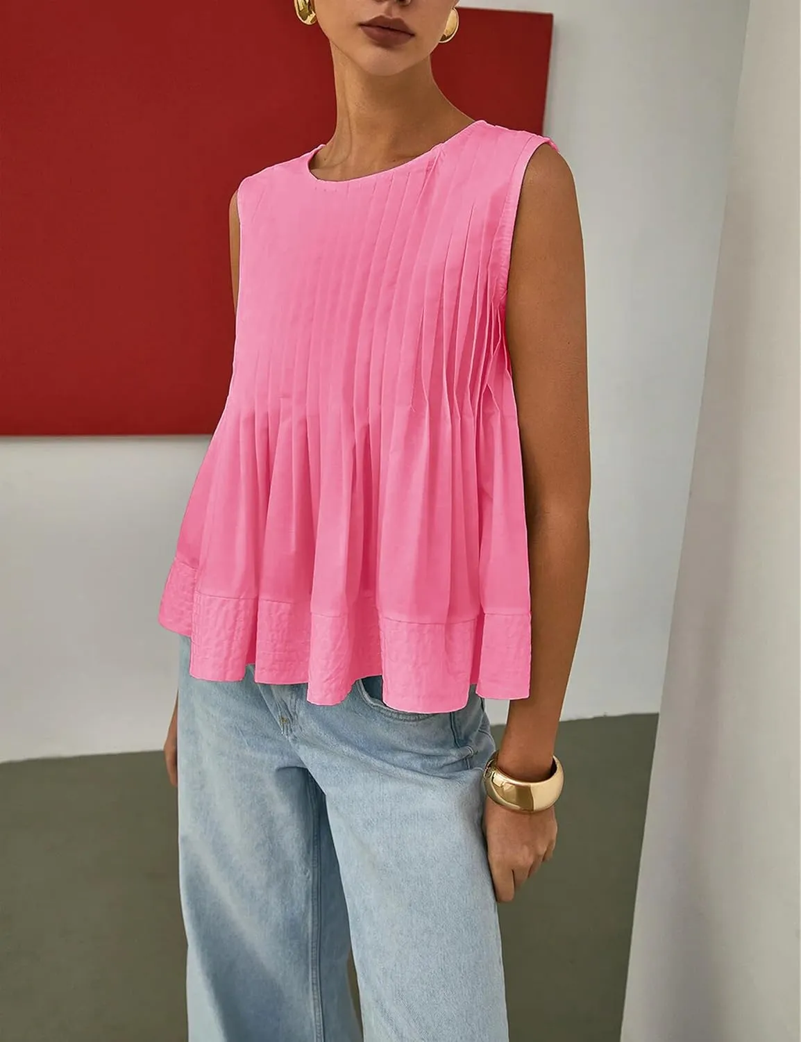 Womens Summer Pleated Peplum Sleeveless Blouse Tank Tops Round Neck Y2K Babydoll Blouse Shirt