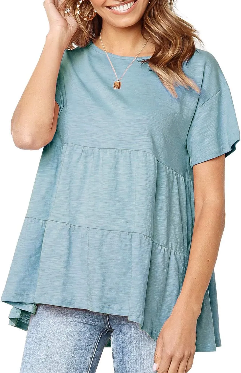 Women's Summer Short Sleeve Loose T Shirt High Low Hem Babydoll Peplum Tops