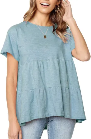 Women's Summer Short Sleeve Loose T Shirt High Low Hem Babydoll Peplum Tops