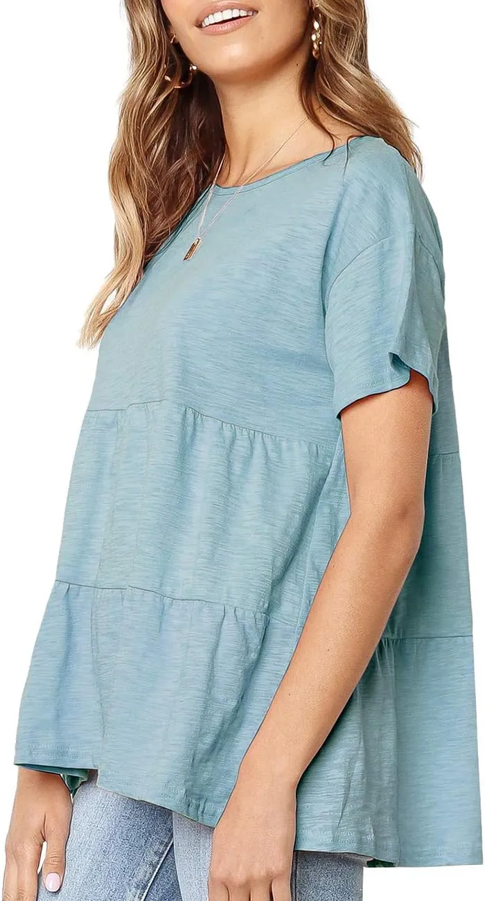 Women's Summer Short Sleeve Loose T Shirt High Low Hem Babydoll Peplum Tops