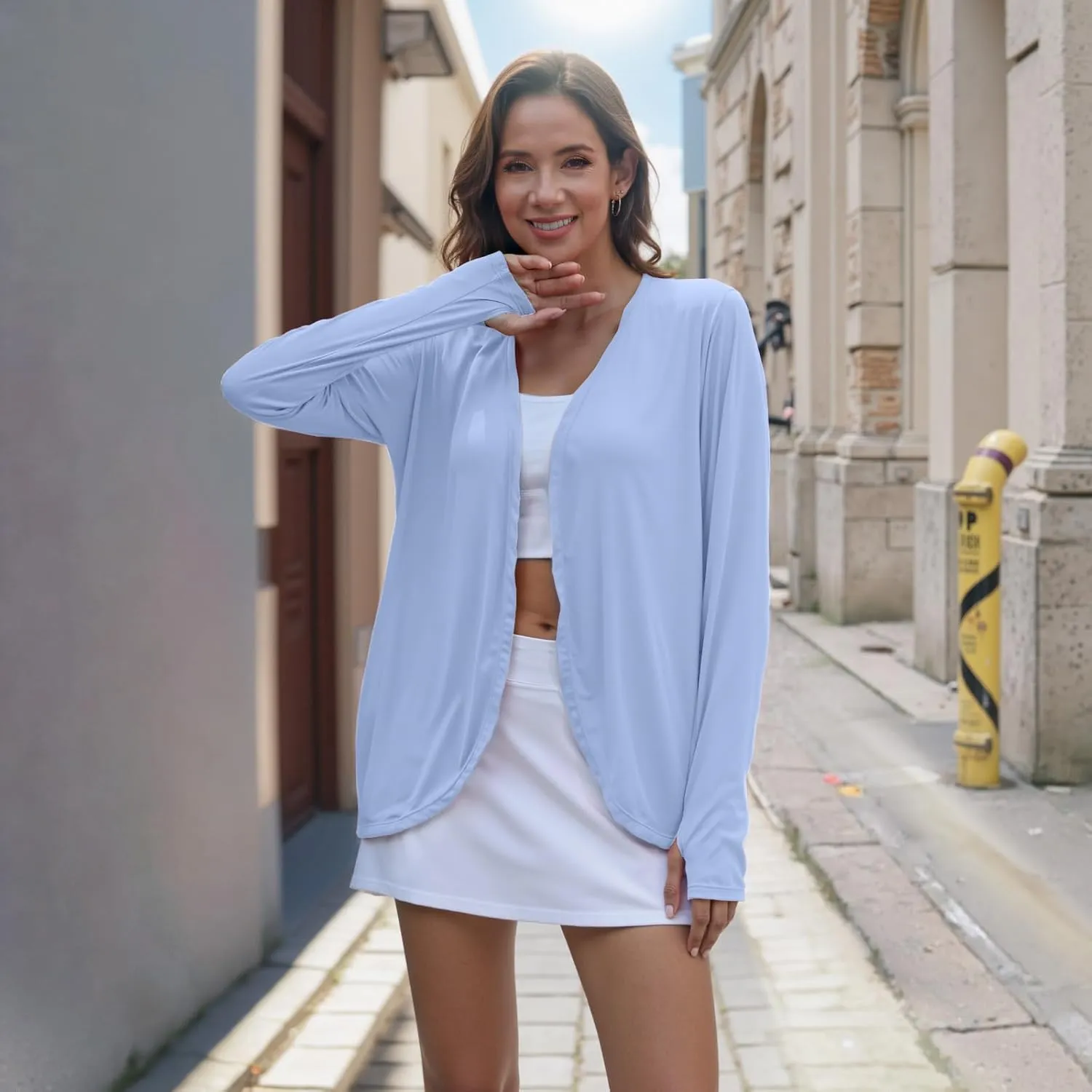 Womens Sun Protection Athletic Cardigan Lightweight Summer UPF50  Long Sleeve Open Front Cover Up Thumb Hole with Pockets