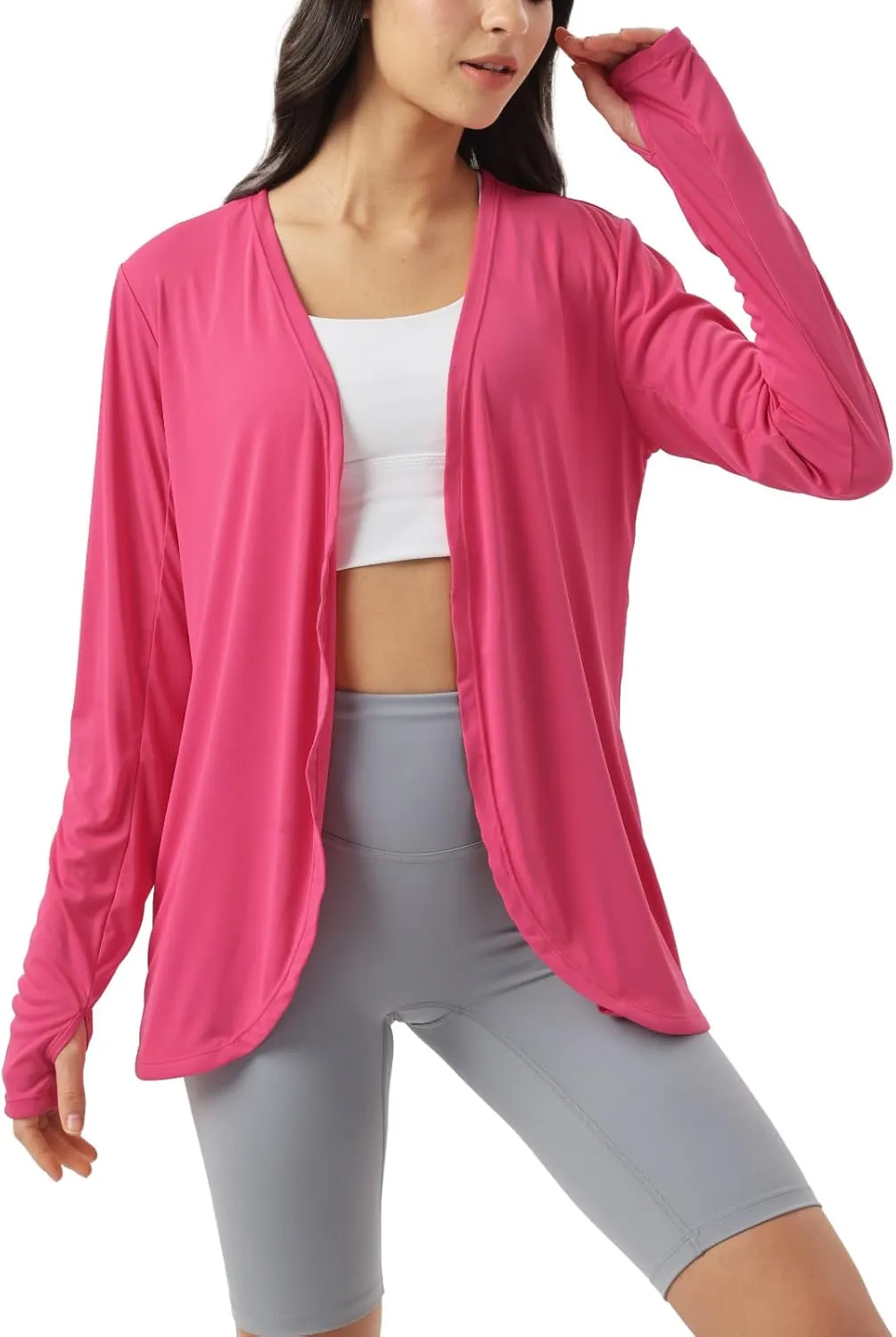 Womens Sun Protection Athletic Cardigan Lightweight Summer UPF50  Long Sleeve Open Front Cover Up Thumb Hole with Pockets