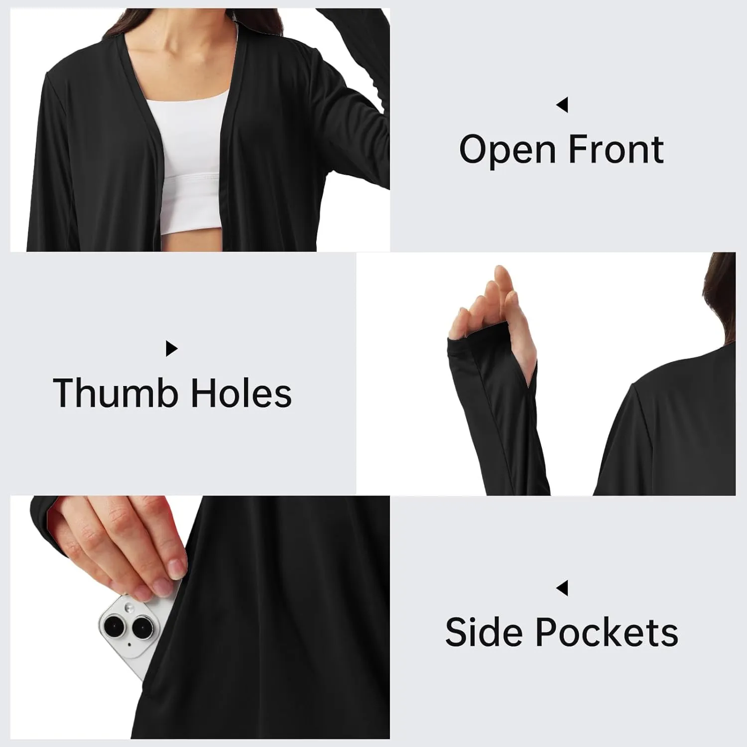 Womens Sun Protection Athletic Cardigan Lightweight Summer UPF50  Long Sleeve Open Front Cover Up Thumb Hole with Pockets