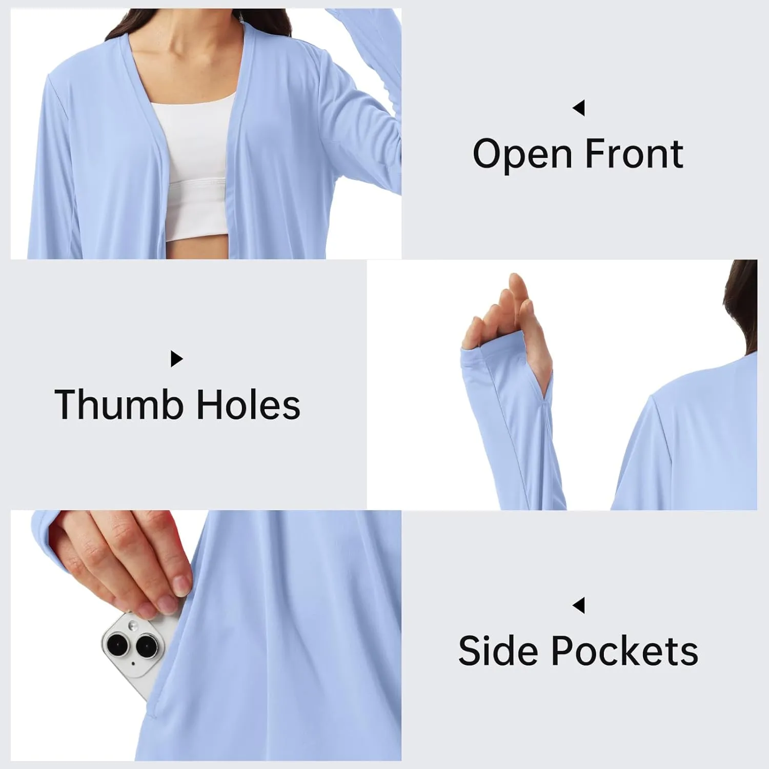 Womens Sun Protection Athletic Cardigan Lightweight Summer UPF50  Long Sleeve Open Front Cover Up Thumb Hole with Pockets