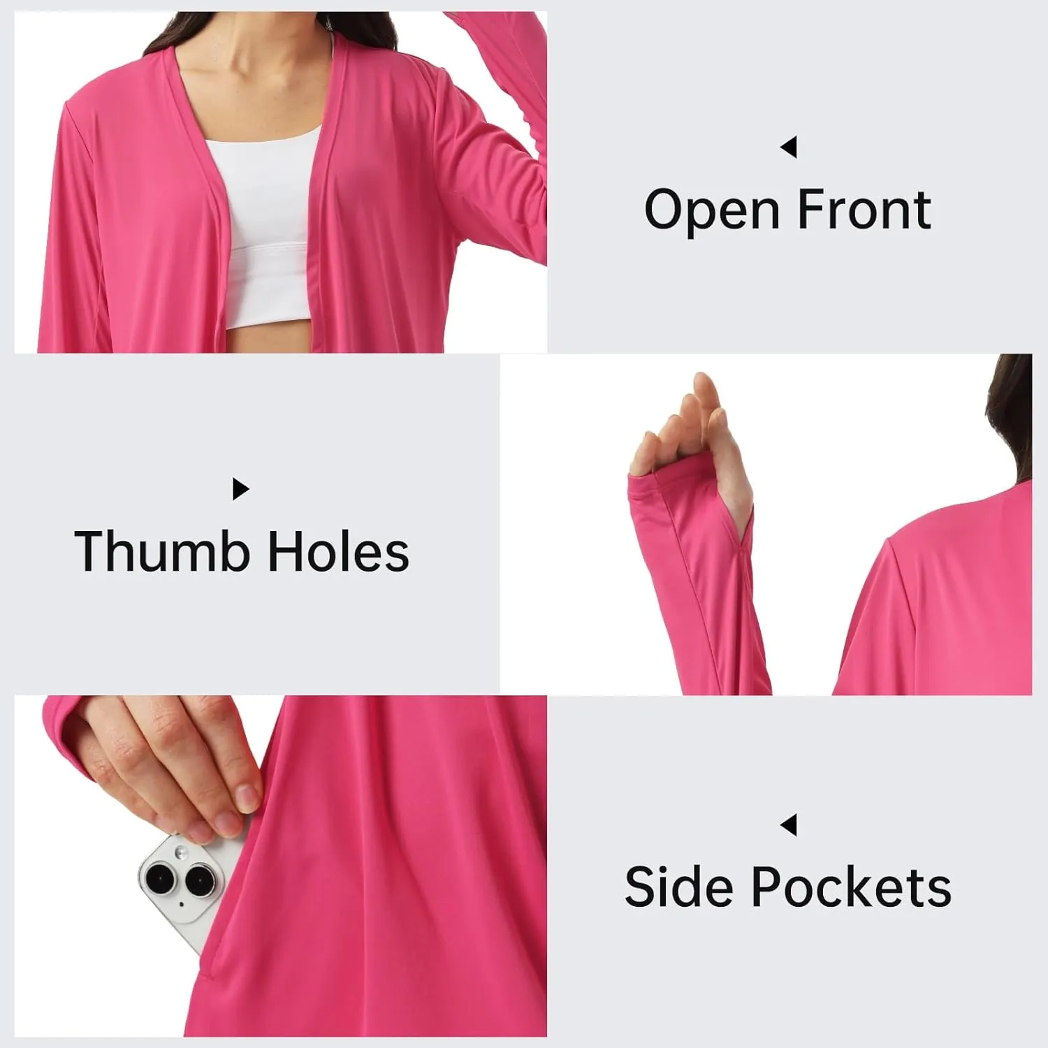 Womens Sun Protection Athletic Cardigan Lightweight Summer UPF50  Long Sleeve Open Front Cover Up Thumb Hole with Pockets