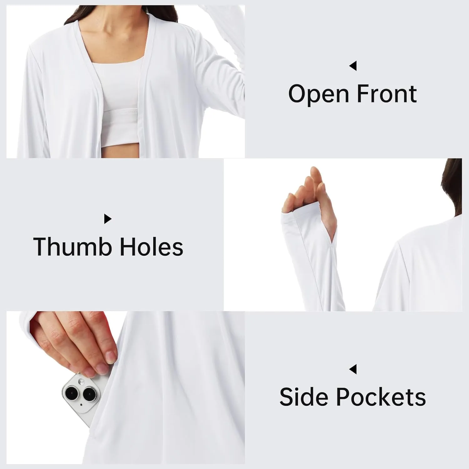 Womens Sun Protection Athletic Cardigan Lightweight Summer UPF50  Long Sleeve Open Front Cover Up Thumb Hole with Pockets