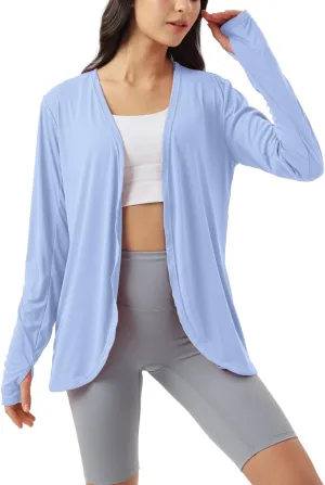 Womens Sun Protection Athletic Cardigan Lightweight Summer UPF50  Long Sleeve Open Front Cover Up Thumb Hole with Pockets