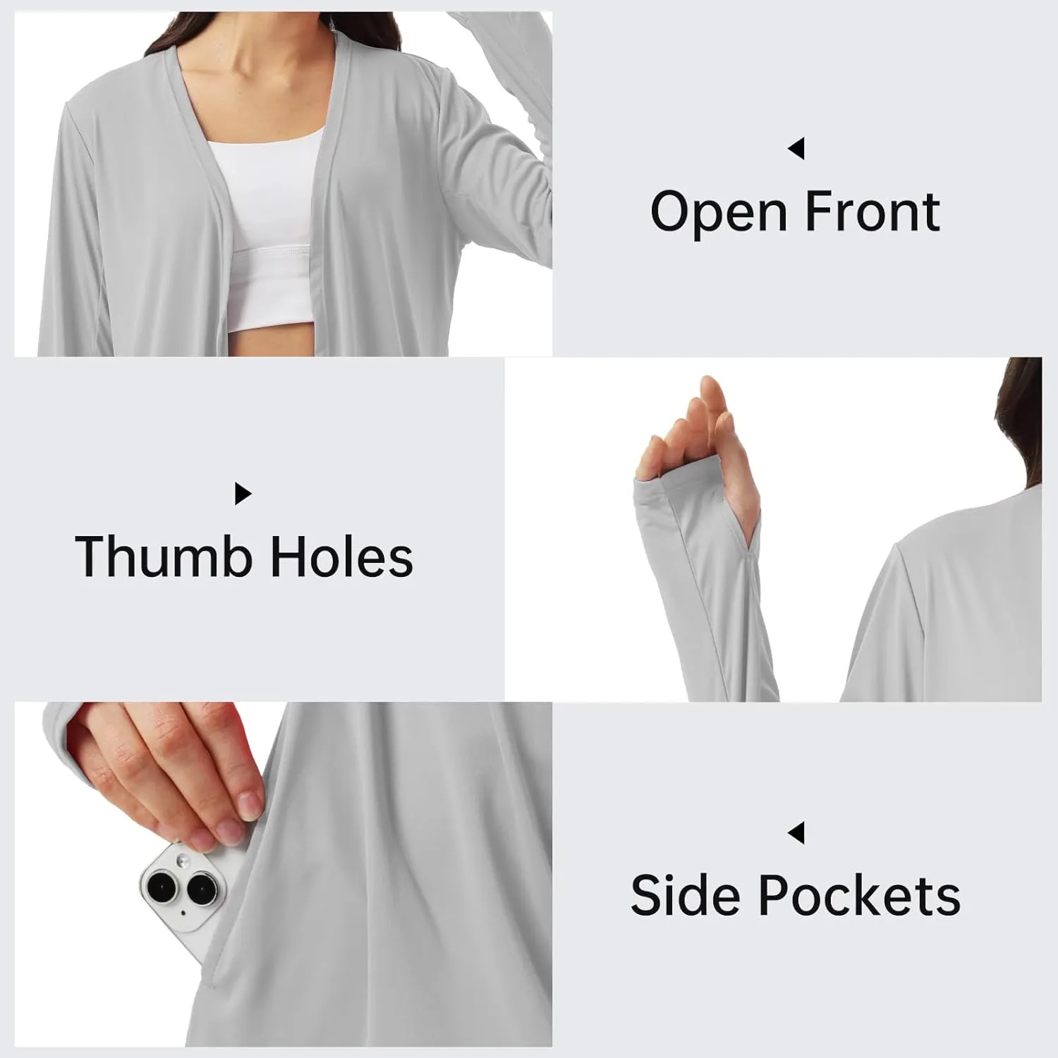 Womens Sun Protection Athletic Cardigan Lightweight Summer UPF50  Long Sleeve Open Front Cover Up Thumb Hole with Pockets