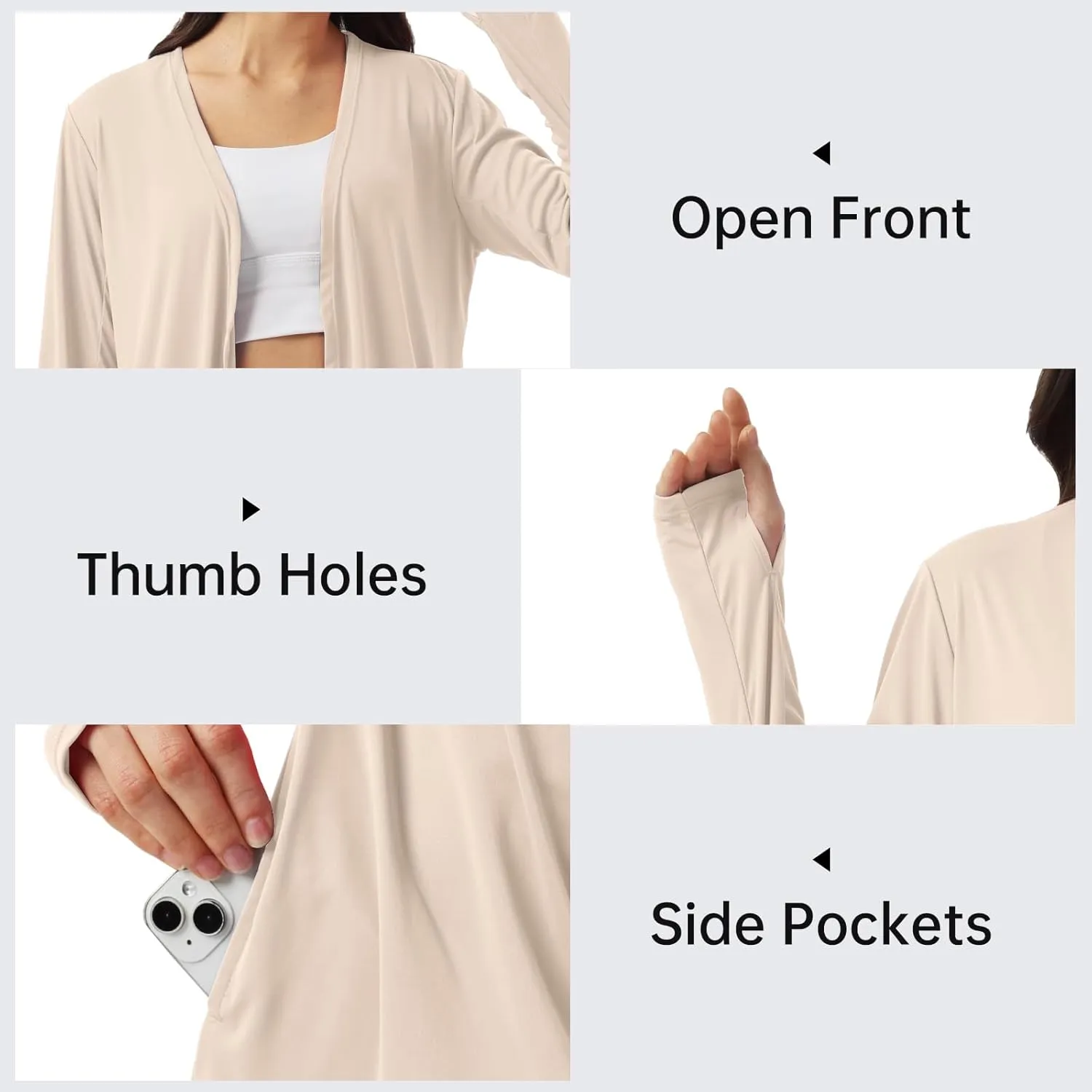 Womens Sun Protection Athletic Cardigan Lightweight Summer UPF50  Long Sleeve Open Front Cover Up Thumb Hole with Pockets